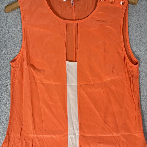 Trina Turk Size M Silk Tank Blouse Orange Cream Key Hole Resort Ditsy Retro Boho - Picture 5 of 14